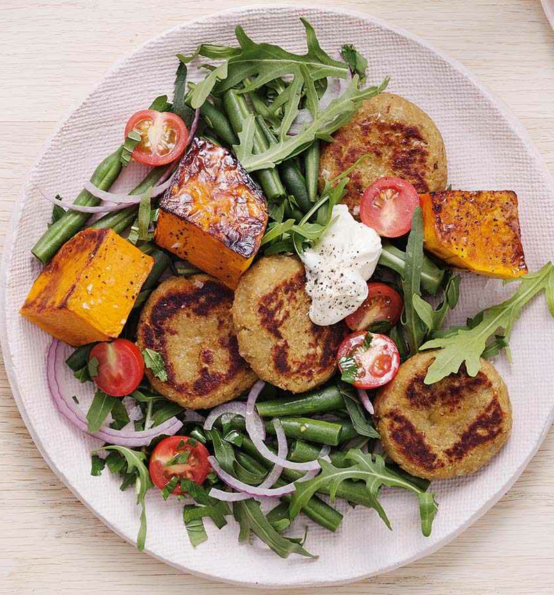 Falafel & roast pumplin salad with yoghurt & tahini dressing recipe