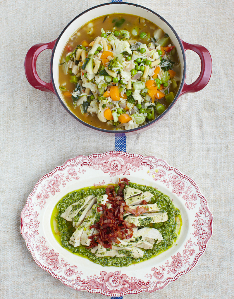 Minestrone poached chicken & salsa verde recipe