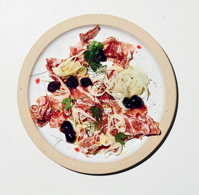 Salumi or sausage with pickled cherries, fennel, and hard cheese recipe