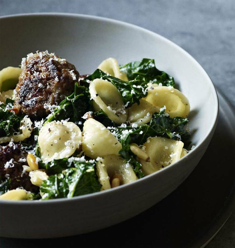 Beef meatballs with orecchiette, kale, and pine nuts recipe