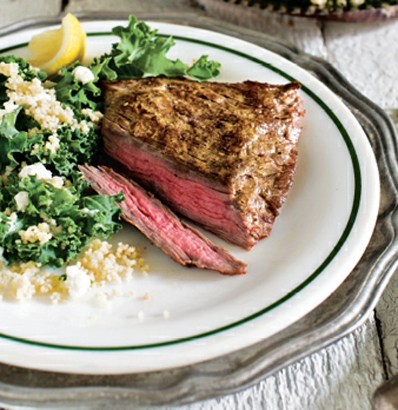 Skirt steak with goat cheese and couscous kale salad recipe