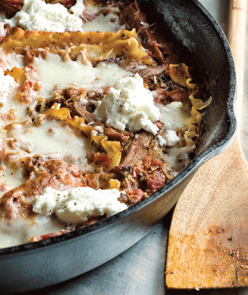 Braised beef skillet lasagna with green salad recipe