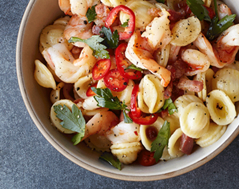 Orecchiette with shrimp, pancetta, and fresno chiles recipe