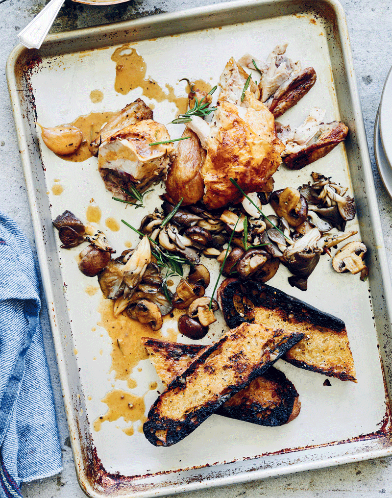 Roasted chicken with roasted mushroom trenchers and rosemary recipe