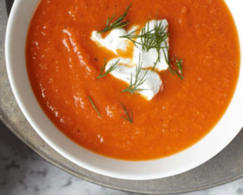 Summer tomato soup with cucumber dill yogurt recipe