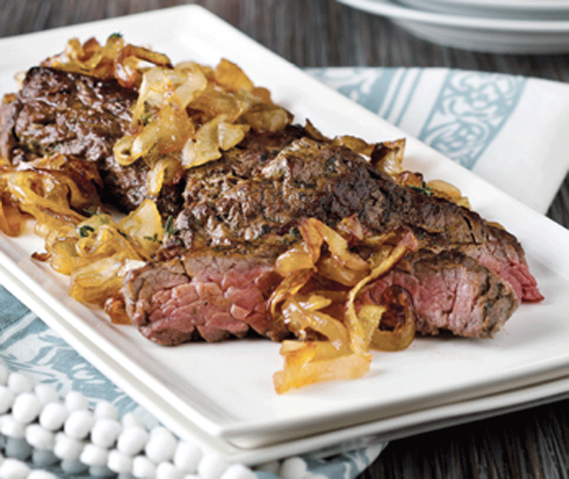 Winter steak with caramelized onions and garlic mushrooms recipe