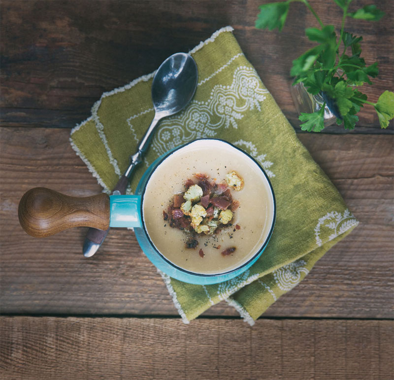 Roasted cauliflower and cheddar soup with bacon crumble recipe