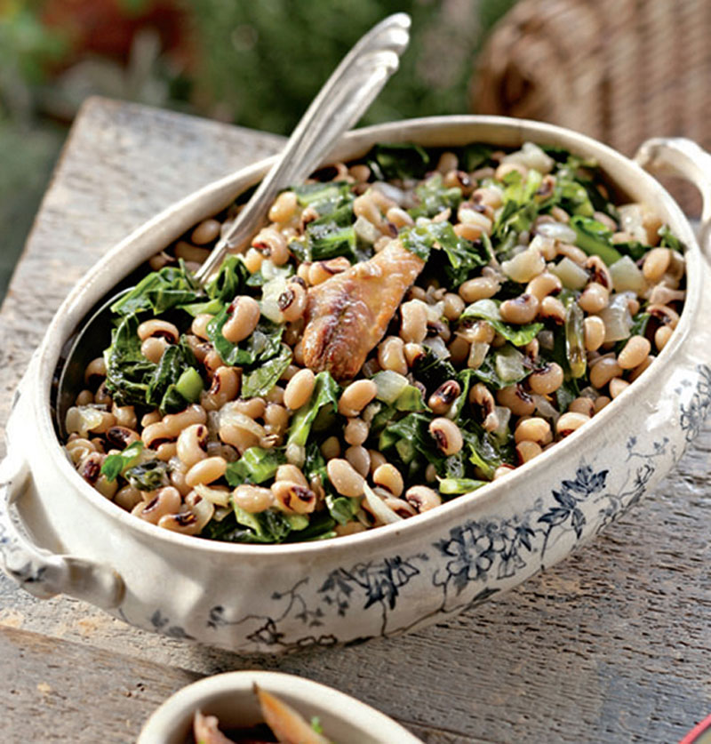 Spicy black eyed peas and greens with smoked herring recipe